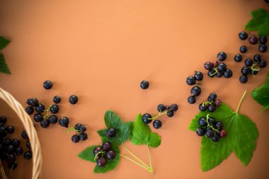 Kahverengi arka planda bir sepetin yanında frenk üzümü var..