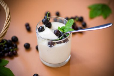 Kahverengi arkaplanda kuşüzümlü yoğurt servisi..