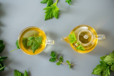 Frenk üzümü yapraklarından yeşil çay ve cam bir kapta nane..