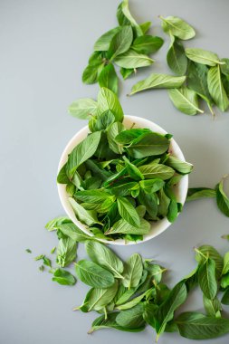 Yukarıdan gelen minimalist arka planda taze aromatik nane.