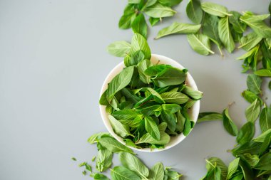 Beyaz kasede yeşil nane manzarası.