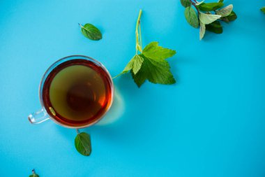 Cam bardak ve çaydanlıkta taze bitkisel karışım..