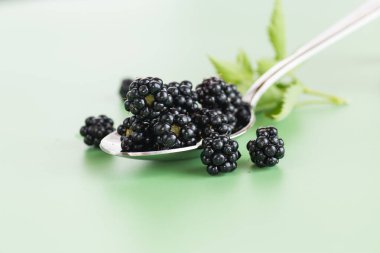 Yeşil arka planda bir grup olgun böğürtlen makro formatında.