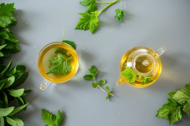 Cam çaydanlıkta çay ve fincanda frenk üzümü ve nane yaprağı..