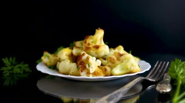 Siyah arka planda baharat ve otlarla kızartılmış karnabahar..