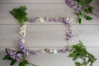 Boş alanı olan beyaz ve mor leylak çerçevesi.