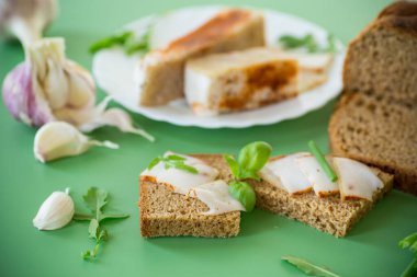 Domuz yağı ve soğanlı siyah ekmek - üst görünüm, izole.