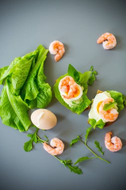 Yumurtalı sandviç, marul ve karides gri arka planda izole edilmiş..