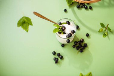 Yoğurtlu böğürtlen kahvaltısı, yeşil izole edilmiş arka plan.