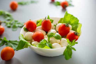 Mini mozarellalı sebze ve domatesli iştah açıcı servis..