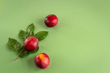 Nane arkaplanda olgun kırmızı erikler ve yeşil yapraklar.