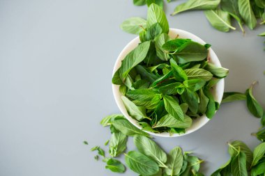 Beyaz kasede yeşil nane manzarası.