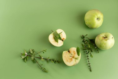 Yeşilliğin aromatik dallarıyla tam ve dilimlenmiş elmalar..