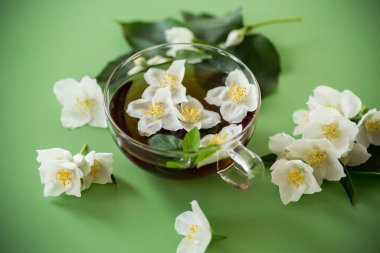 Masada yasemin yaprakları olan doğal yeşil çay..