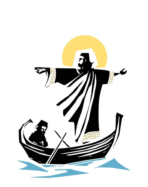 Woodcut Style Expressionistic Image Apostle Rowboat Jesus Christ — Stock Vector