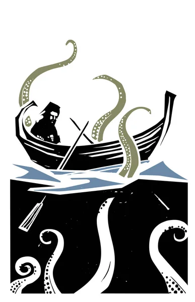木刻风格的表现主义划艇 船内有一个人与章鱼或海怪触手 免版税图库插图