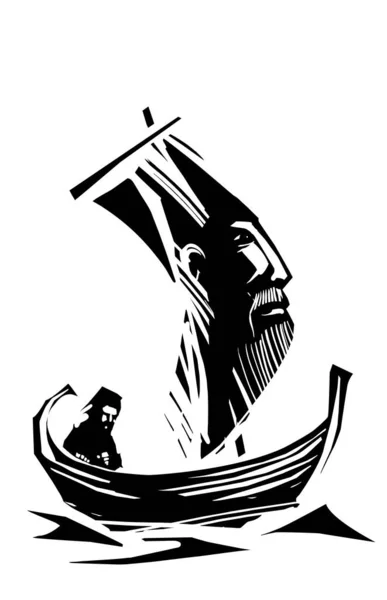 帆船に乗った男のウッドカットスタイルの表現的なイメージ ストックイラスト