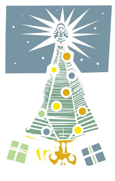 木刻风格的圣诞树节日卡片设计 以简单的雪景为背景 并附有礼物 矢量图形