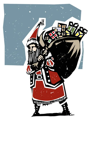 Woodcut Εξπρεσιονιστικό Στυλ Santa Claus Μεταφέρουν Τσάντα Δώρα Στο Χιόνι Διανυσματικά Γραφικά