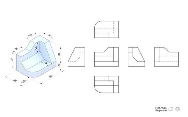 Технический Рисунок Модели Перспективой Ортогональными Представлениями Метод Проекции Первого Угла Стоковое Фото