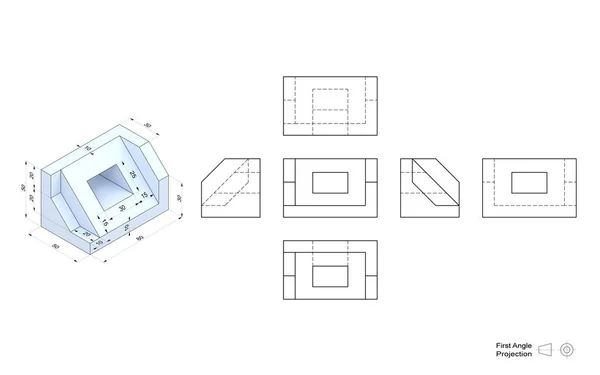 Technische Zeichnung Eines Modells Mit Perspektive Und Orthogonalen Ansichten Erste lizenzfreie Stockbilder