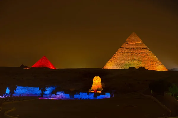 Piramidi Sfinge Nelle Luci Notturne Giza Egitto — Foto Stock