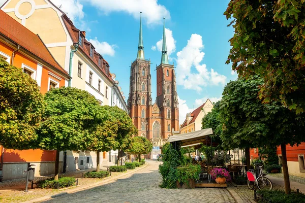 Street Cobblestone Road Green Trees Colorful Buildings Summer Cafe Cathedral — Stock Photo, Image