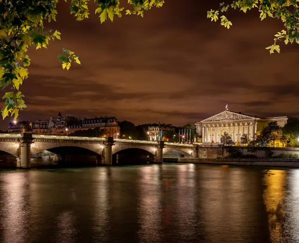 セーヌ川とコンコルド橋と夜の国民議会 ストック写真