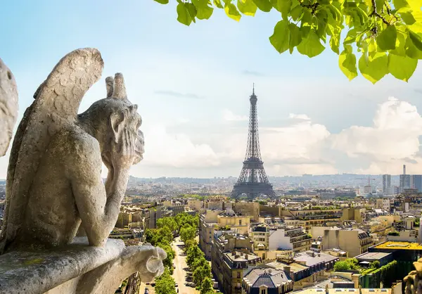 Blick Auf Eiffelturm Und Chimären Von Notre Dame Paris Frankreich lizenzfreie Stockfotos