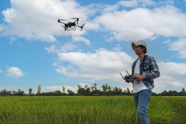 Bereli bir çiftçi, yemyeşil bir buğday tarlasında dikiliyor ve uçurumun kenarında uçan bir dronu yönlendiriyor. Malzemeleri erkek kontrol ediyor. Çiftçilik teknolojileri