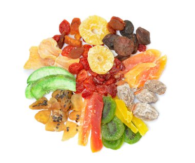 Dried fruits mix. It has the shape of a circle. Isolated on white background