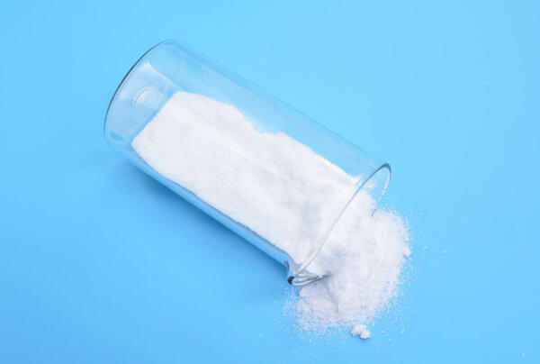 Taurine, or 2-aminoethanesulfonic acid. On blue background.