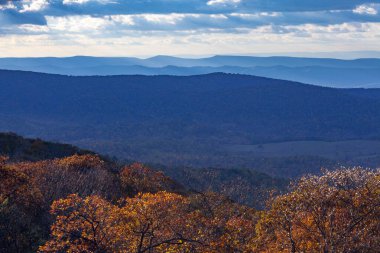 Blue Ridge Dağları 'nın puslu düşüşü Appalachian manzarası Shenandoah Ulusal Parkı, Virginia, VA, ABD' de Skyline Drive 'dan görüldü.