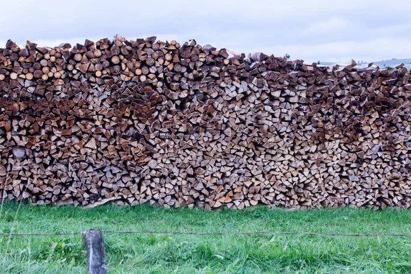 Erdészeti Ágazat Által Biztosított Fenntartható Megújuló Energiaforrásként Szépen Egymásra Rakott — Stock Fotó