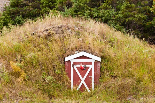 纽芬兰新大陆新大陆红白相间的古老历史根地窖入口门 — 图库照片