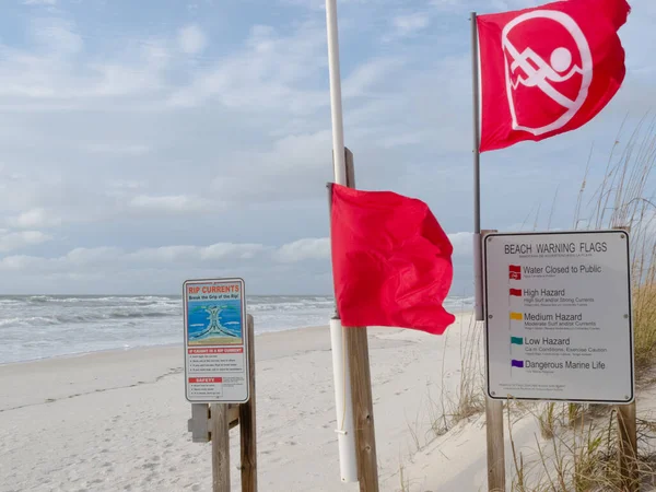在危险的冲浪 暗流和风暴的情况下 红旗和说明性标志表示水已不对公众开放 并禁止在海洋中游泳 — 图库照片