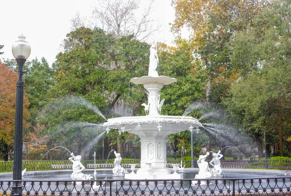 福赛思公园位于美国佐治亚州萨凡纳市历史城区 是美国著名的建筑历史地标 — 图库照片