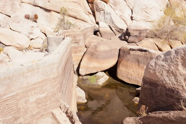 バーカーダムはまだいくつかの水 ヴィンテージモハベ砂漠の牧場インフラを保持していますジョシュアツリー国立公園 カリフォルニア州 — ストック写真