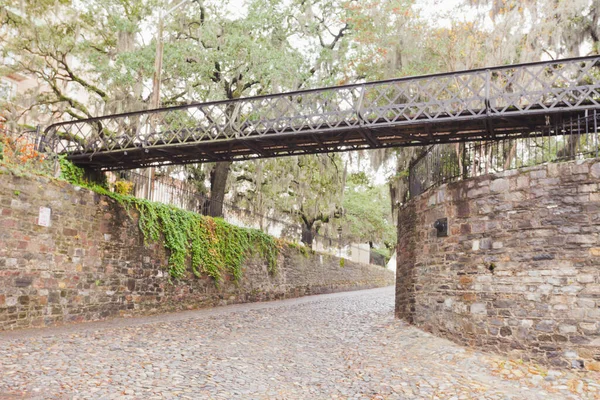 佐治亚州萨凡纳市历史城区科布莱斯顿路 石墙和铁人行人行桥 — 图库照片