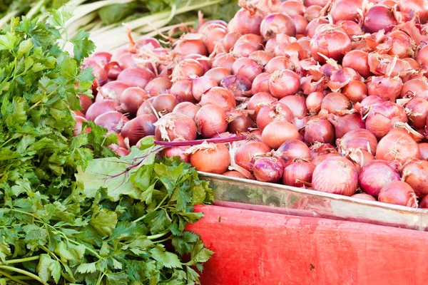 Produzieren Bauernmarkt Angebot Von Leckeren Frischen Zwiebeln Vegane Rohkost Gemüse — Stockfoto