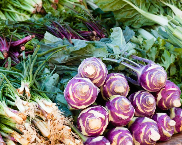 Produce Market Offering Tasty Fresh Kohlrabi Green Onions Vegan Raw — Stock Photo, Image