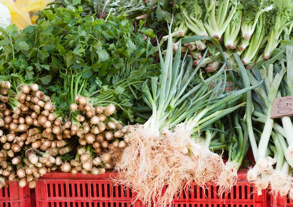 Produce Market Offering Tasty Fresh Green Onions Leafy Parsley Vegan — Stock Photo, Image