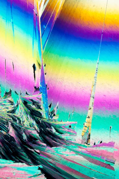 Farbenfrohe Erscheinung Von Kristallen Der Benzoesäure Einem Nahrungsergänzungsmittel Polarisiertem Licht — Stockfoto