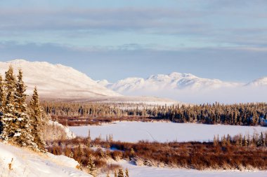 Donmuş Laberge Gölü, Yukon Bölgesi, Kanada 'nın güzel kış manzarası.