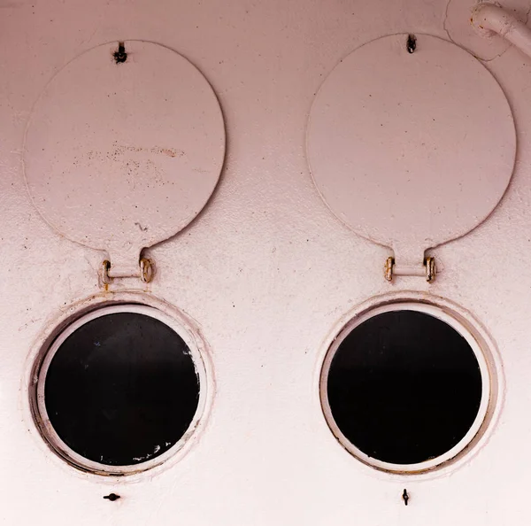 Abstract Two Open Bulleye Portholes Steel Shutters Onboard Ship — Fotografia de Stock