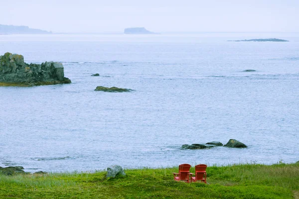 Red Wooden Adirondack Chairs Beautiful Coastal Landscape Strait Belle Isle — Stock Photo, Image