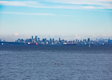 Batı Kanada Pasifik Okyanusu kıyısındaki Vancouver City 'de limanda demirlemiş petrol tankerleri ve uzak mesafedeki Baker Dağı şehrin ufuk çizgisini gölgeliyor, Biritish Columbia, BC, Kanada