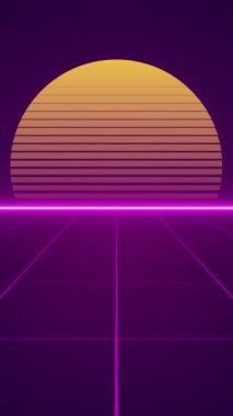 Arcade video oyunu klasik soyut vintage ve retro neon arkaplan - Güneş ve ızgara tünel