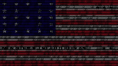 Bikini Mercan bayrağında ikili kod. Bikini mercan bayrağında program kaynak kodu ya da Hacker konsepti. Bikini mercan adası dijital teknoloji güvenliği, hackleme veya programlama konsepti