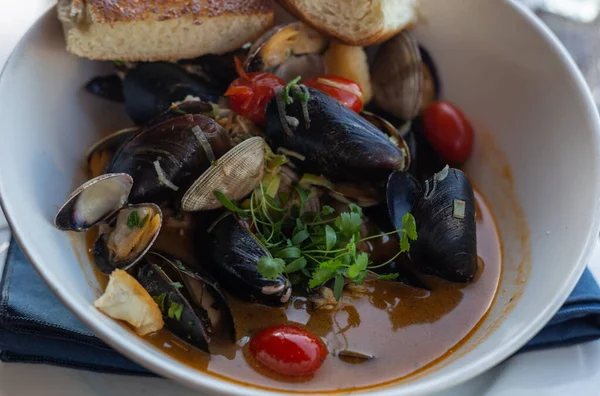 stock image mussels with seafood and vegetables